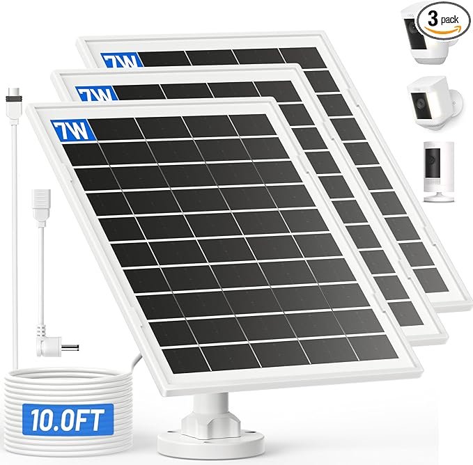 7W Solar Panel for Ring,Solar Charger Works for Ring, Stick Up Cam,Stick Up Cam Pro Battery,Spotlight Cam Plus/Pro Battery,10FT Waterproof Type C Cable and USB-C to Barrel Plug Adapter-3Pack