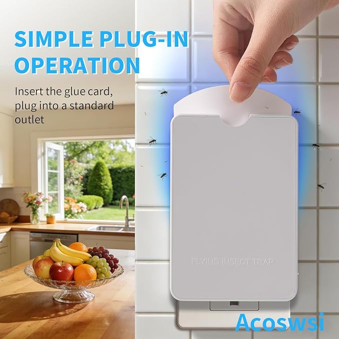 Indoor Fly Trap Plug in, Flying Insect Trap with Blue UV Light, Fruit Fly & Gnat Trap for Indoors, Mess-Free Bug Catcher for Home, 2 Device + 10Refill Glue Cards