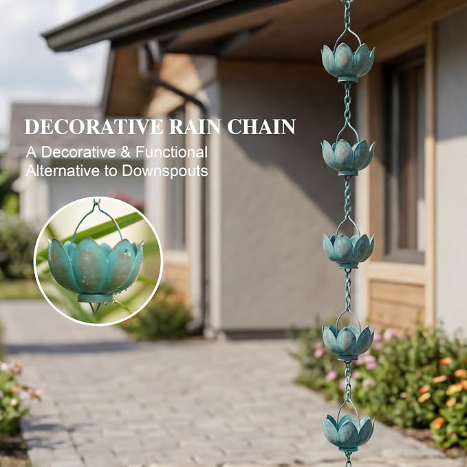 Topadorn Lotus Rain Chain for Gutters, 8.5 FT Decorative Metal Rain Chain with 12 Lotus Cups, Turquoise Patina Downspout Alternative for Garden Patio Yard Decor