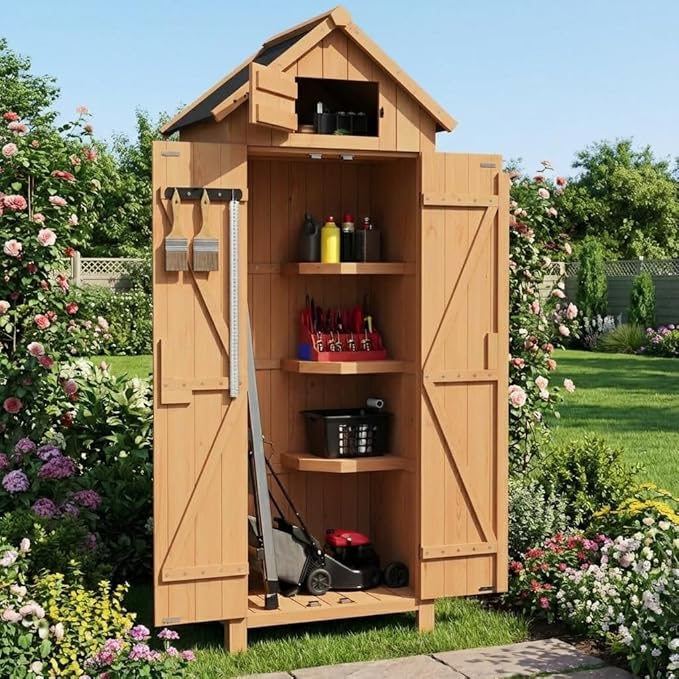 Outdoor Wooden Storage Wardrobe – Waterproof, Lockable Doors, 3 Adjustable Shelves, Multi-Wall Garden Organizer for Patio, Balcony – 177×72×54cm