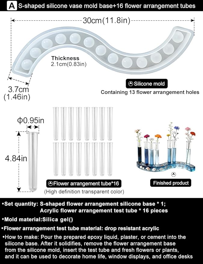 Flower Vase Resin Molds Silicone， Circular and Curved Silicone vase Base+32 Flower Arranging Test Tubes, Suitable for Inserting Fresh Flowers and Cultivating Plants, Desktop Vases Home Decor (A)