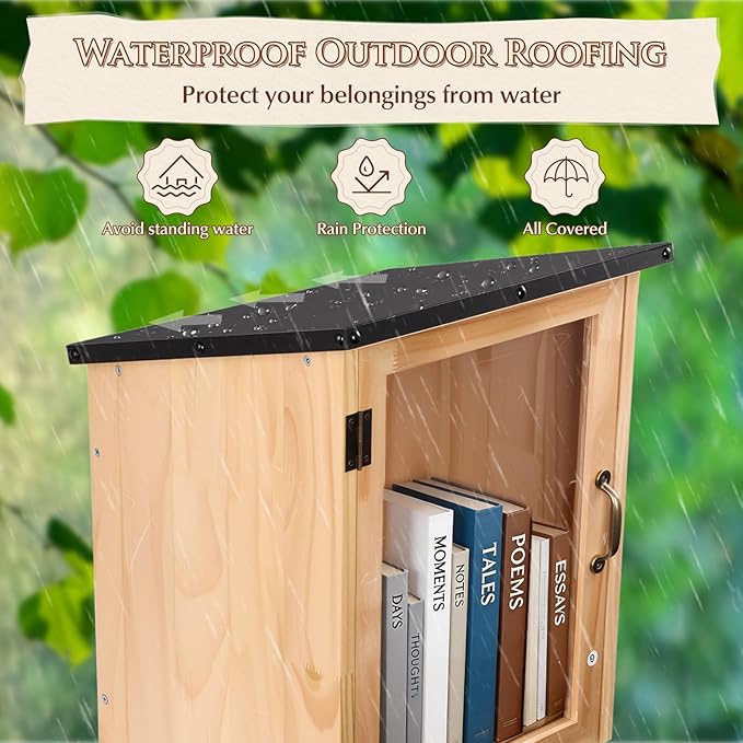 FAHKNS Little Library Box Outdoor, Waterproof Outdoor Library Book Box, Little Wood Cabinet for Sharing Books, Art Literature and Newspapers with Neighborhoods, Community and Schools