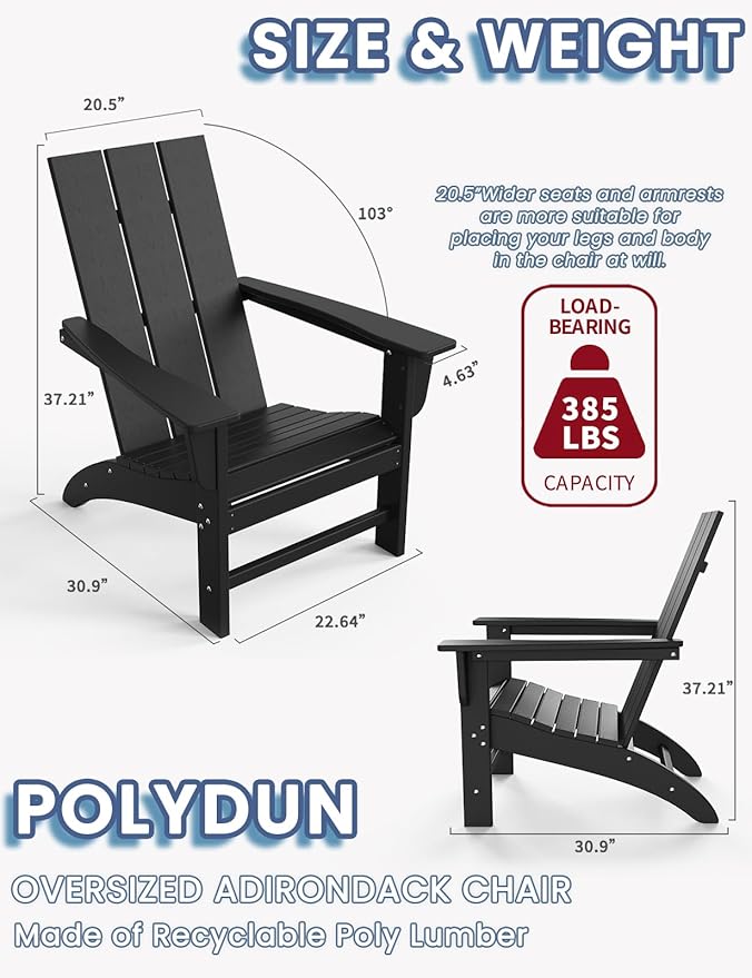 Modern Adirondack Chairs Set of 8, HDPE Plastic Patio Chairs for All Weather, Fire Pit Chair, Outdoor Lawn Chairs for Deck, Porch, Backyard, Garden, Black