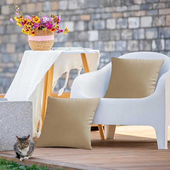 VAKADO Outdoor Waterproof Throw Pillow Covers 18X18 Set of 2 Decorative Taupe Patio Furniture Cushion Cases Outside Decor for Couch Garden Bench Porch