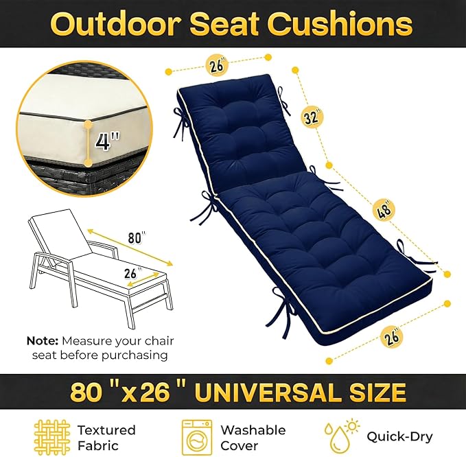 2 Pack 80x26 Inch Folding Chaise Lounge Cushion Quick Dry - Outdoor Sun Lounger Seat Pad with Shredded Foam for Patio Furniture, Deck Chairs, Poolside (Blue, 80 INCH × 26 INCH- 2 Pack)