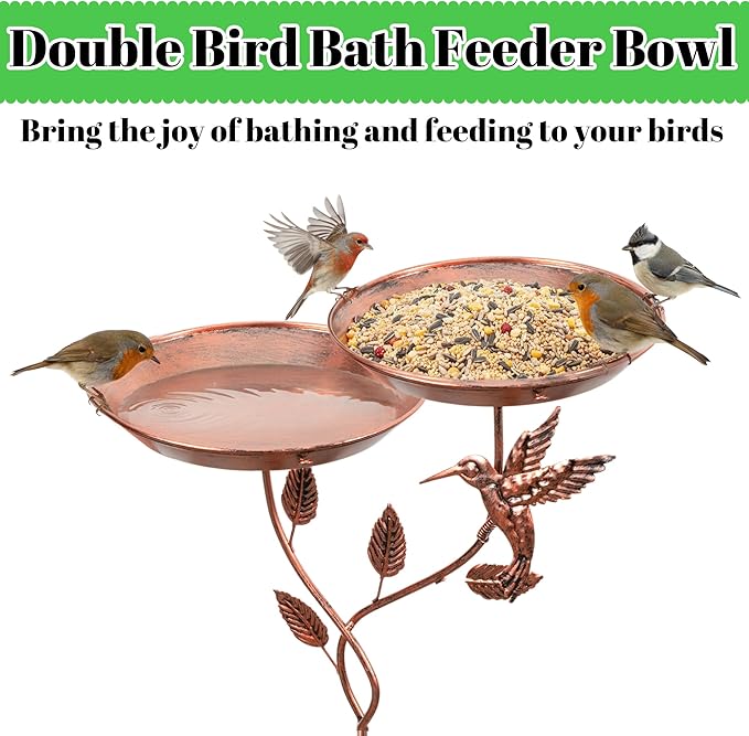 36.6 Inch Rose Gold Metal Bird Bath for Outside - Standing Bird Feeder with Dual Flower Bowls Detachable Birdbath with Hummingbird Decor Metal Stake Base for Garden Yard Outdoor
