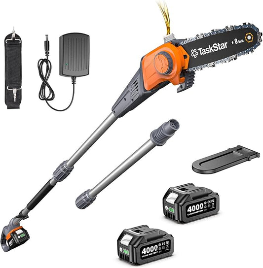 TaskStar 8-Inch Cordless Pole Saw, Electric Pole Saws for Tree Trimming, 2×4000mAh Batteries, 600W Powerful Motor, Max Reach 15Ft, Tool-Free Chain Tensioning, Auto Lubrication