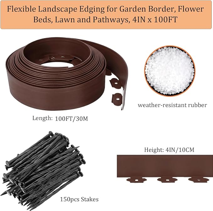 Garden Edging Borders 100FT, 4IN Tall Plastic Landscape Edging with 150pcs Stakes, Flexible Edge Border for Landscaping, Yard, Lawn Edging, Flowerbeds & Landscaping, Brown