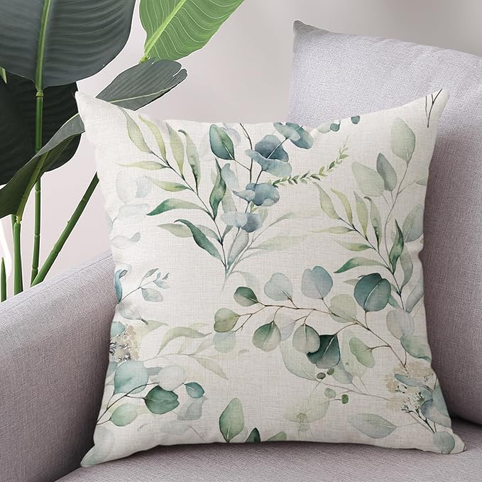 Set of 2 Sage Green Outdoor Waterproof Throw Pillow Covers Watercolor Eucalyptus Leaves Decorative Cushion Cases for Outdoor Couch Sofa Patio Furniture Home Decoration 18 x 18 Inch