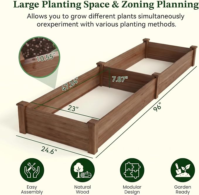 8x2ft Outdoor Wooden Raised Garden Bed,Elevated Planting Planter Box for Vegetables/Garden/Lawn/Patio,Acorn Brown, 96 x 24 x 9in