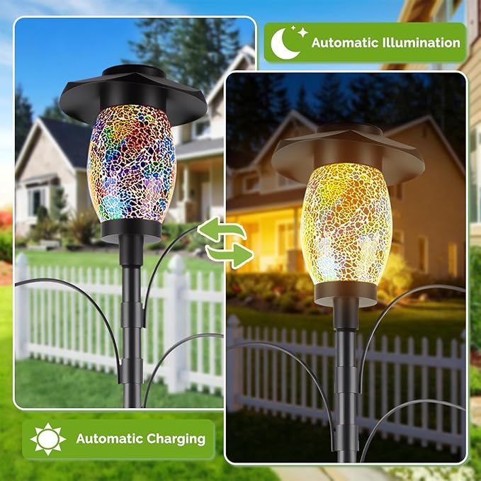 4-Hook Solar Shepherds Hooks for Outdoors,80In Bird Feeder Pole with 5 Prongs Base|Flag Holder|Solar Lights,Heavy Duty Garden Stand Hooks for Hanging Plant Baskets,Wind Chimes,Lanterns