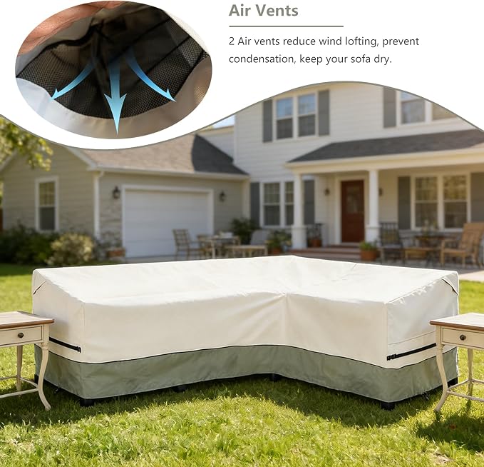 okcool Outdoor Sectional Cover,L-Shaped Patio Furniture Covers for 4-Seater Outdoor Sectional Furniture Couch 85”W (Back Length) x 58”W (Right Side),White&Grayish Green