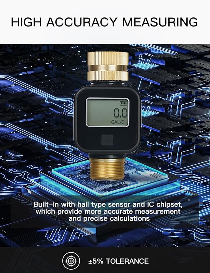 MOES Water Flow Meter with Brass Inlet & Outlet Metal Thread, Measure Gallon/Liter Consumption and Flow Rate for RV Water Tank Filling, Outdoor Garden Hose Watering, Lawn Sprinkler and Nozzle Sprayer