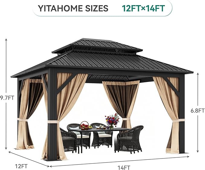 YITAHOME 12x14ft Gazebo Double Roof Hardtop Canopy Outdoor Heavy Duty w/Nettings and Curtains, Upgraded Aluminum Column Galvanized Steel Vertical Stripes Roof for Patio, Backyard, Deck, Lawns, Brown