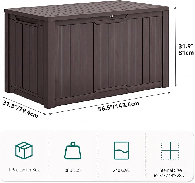 YITAHOME 240 Gallon Extra Large Outdoor Storage Deck Box, XXL Waterproof Resin Patio Storage w/Lockable Lid for Outdoor Cushions, Garden Tools and Sports/Pools Equipment, Dark Brown