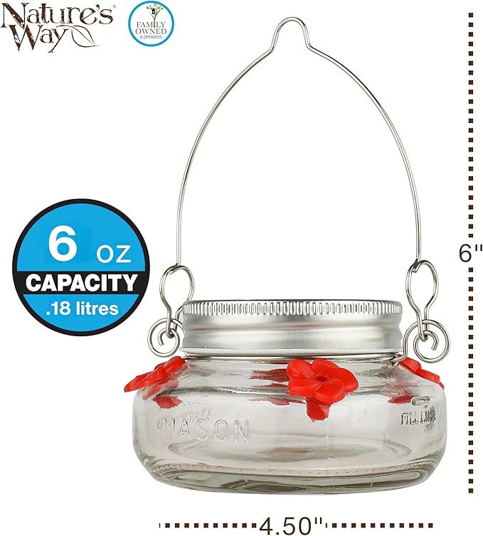 Nature’s Way Vintage Glass Jar Hanging Hummingbird Feeder, 6 oz Nectar Capacity, 4 Flexible Feeding Ports, Easy Clean Dish-Style Feeder for Outdoor Yard Décor, Clear