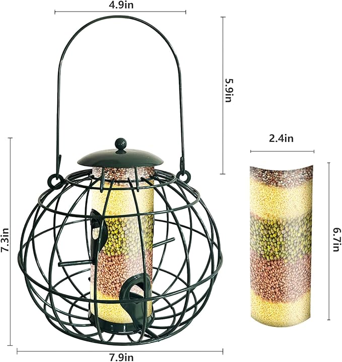 Squirrel Resistant Bird Feeder - Outdoor Hanging Wild Bird Feeder, Weatherproof Metal Tube Feeder for Finches & Small Birds, Green