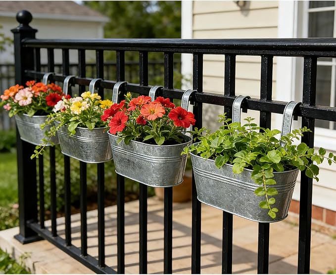 Balcony Galvanized Hanging Planters Railing Flower Pots, Outdoor Metal Fence Planter Pot with Detachable Hooks Drain Hole for Garden Patio Yard Decor (10 Inch, 8Pcs)