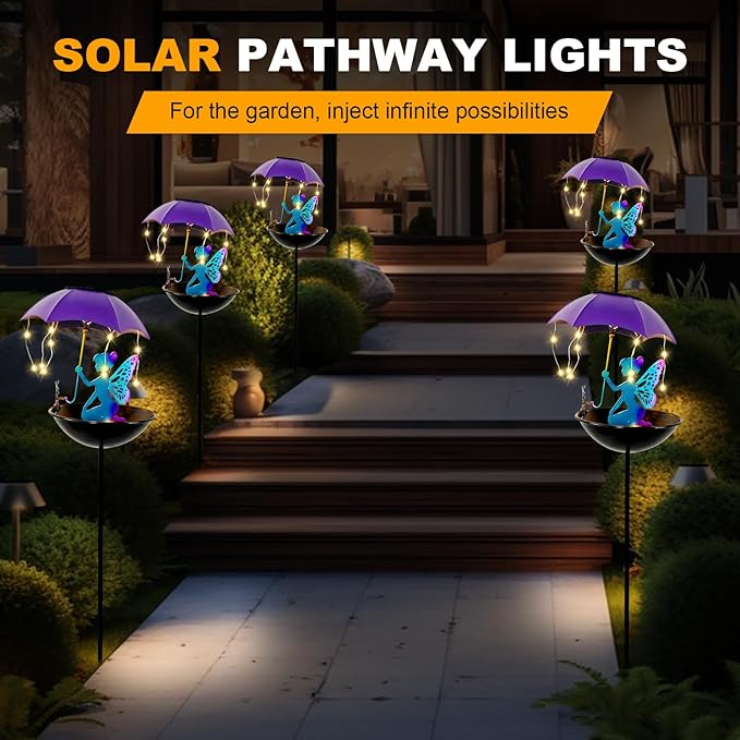 Solar Fairy Garden Decor Solar Bird Feeder with Umbrella Gifts for Women Yard Outdoor Decorations Stake Metal for Patio Yard Festival Pathway Landscape Lawn