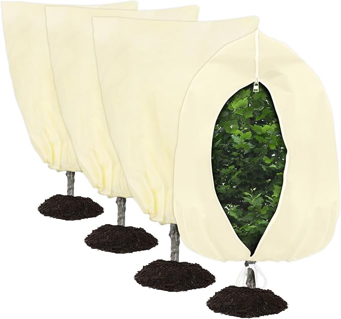 Plant Covers Freeze Protection, 4 Pack Round Frost Blankets for Outdoor Plants (71"x48") – Winter Plant Covers, 2.4oz/yd² Frost Cloth Plant Protection for Trees, Shrubs & Potted Plants (Beige)