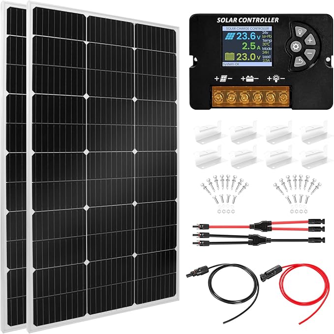 100W Monocrystalline Solar Panel Kit with 30A PWM Controller - 12V/24V High Efficiency Solar Panel for RV, Boat, Cabin, Off-Grid System-2pack
