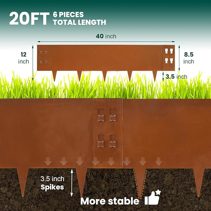 Corten Steel Edging Corten Steel Landscaping Edging 12" H x 40" L Metal Garden Edging Landscape Edging Metal Border Edge Rusted for Yard Lawn Outdoor Flower Plant 6 pcs by GZGNEEVL
