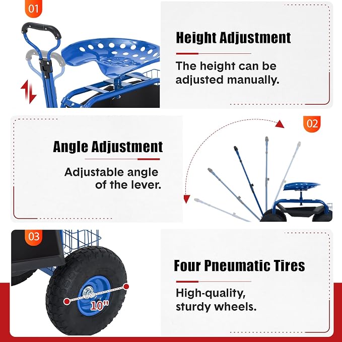 Garden Cart Rolling Workseat with Wheels, 360° Swivel Gardening Stool, Extendable Steering Handle & Utility Tool Tray, 10-Inch Inflatable Tires, Reinforced Steel Construction for Patio, Yard, Outdoor