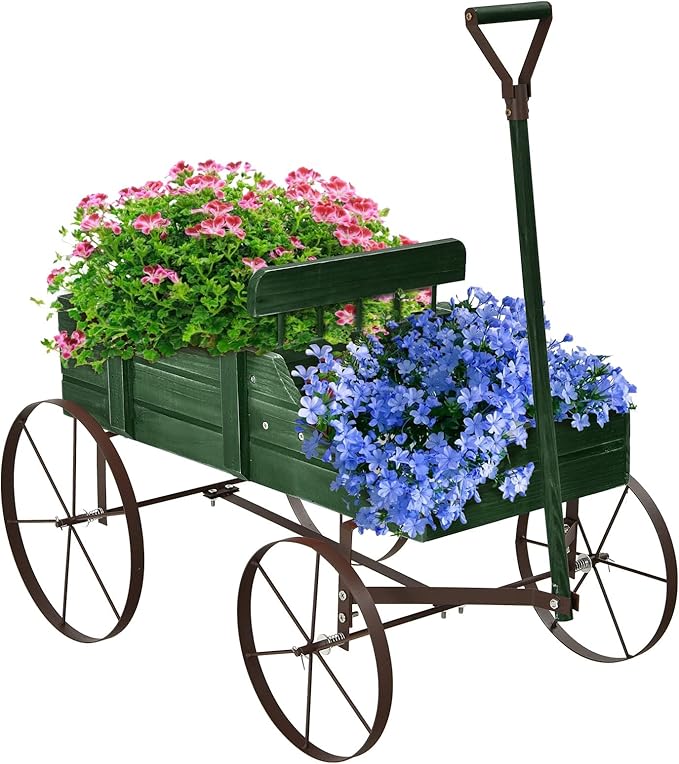 DORTALA Wood Wagon Planter, Outdoor Garden Flower Planter Cart with Wheels, Small Decorative Wood Raised Bed Plant Pot Box Stand for Backyard, Patio, Balcony, Green