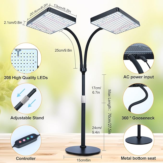 2026 2Head Desk Grow Light, Big Coverage Tabletop Grow Lights for Indoor Plants, Bonsai, Seed Starting, 4/8/12/16/20H Timer, 50 Watt Power Draw, NO Need Adapter, 16"-24" Height Adjustable