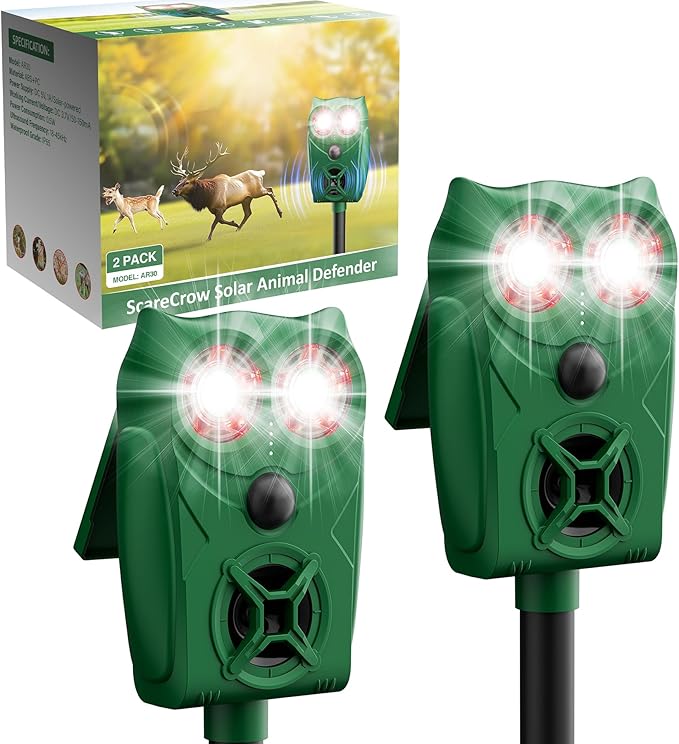 Solar Ultrasonic Animal Repellent with Motion Sensor - Waterproof Deer Repellent Device with LED Lights for Yard, Effective Against Deer, Coyotes, Raccoons & Cats