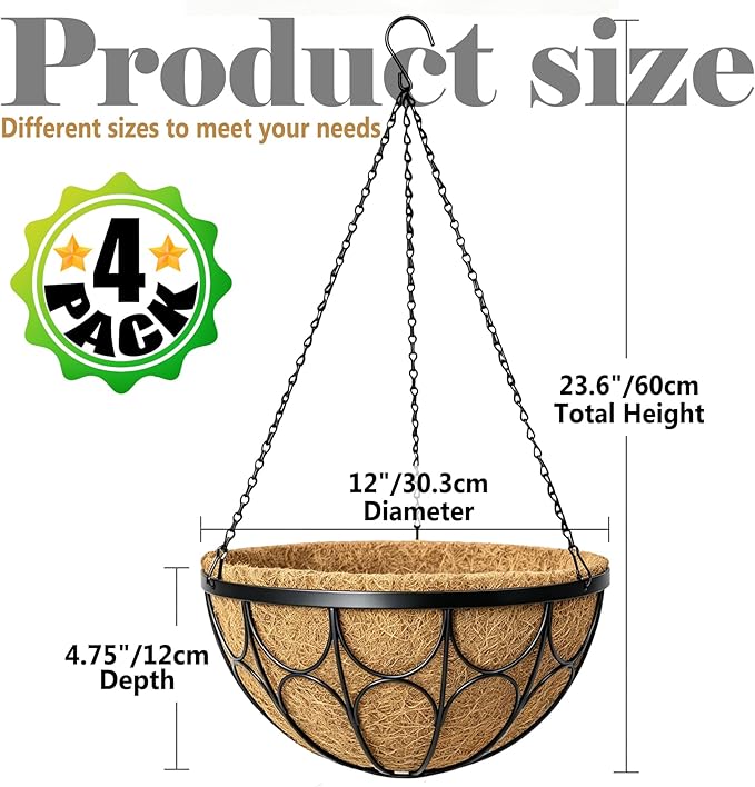 4 Pack 12 Inch Hanging Planters for Outdoor Plants，Large Wire Flower Hanging Basket with Coco Liners for Balconies, Patios, Porch, Terraces Decor