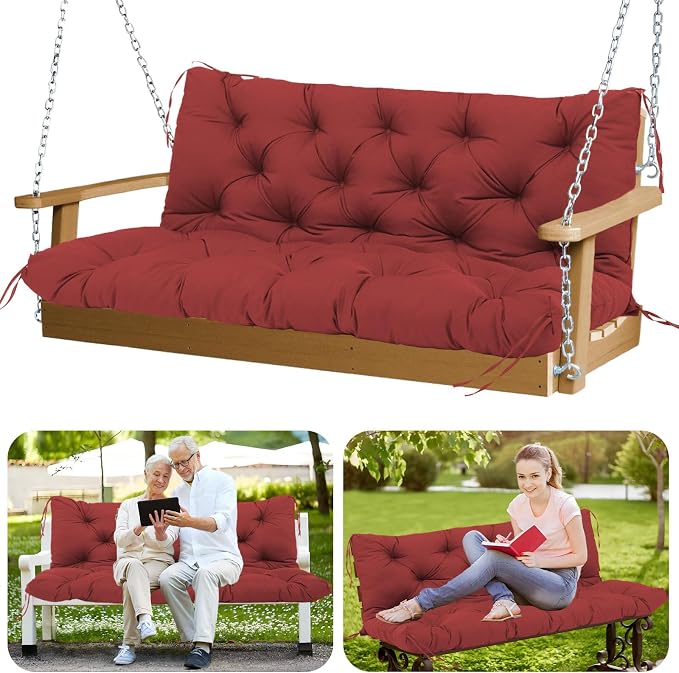 Porch Swing Cushions Outdoor 48 inch Waterproof Swing Cushion 3 Seater Replacement with Backrest and Ties Thicken 5" Bench Swing Cushions for Outdoor Furniture Patio(Wine Red48x40x5inch)
