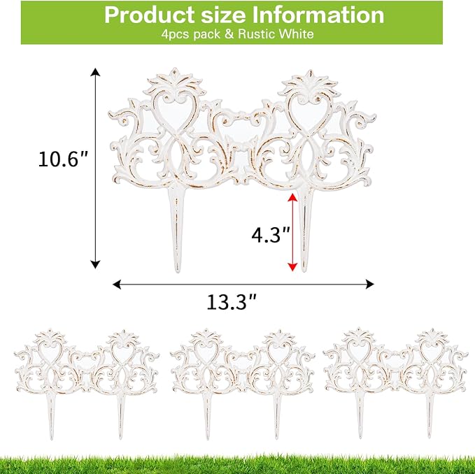 Sungmor Decorative Cast Iron Garden Edging,4 Pack Vintage Garden Border Fence for Lawn, Flower Beds and Patio,Heavy Duty Rustic Ornate Metal Fences,White Finish