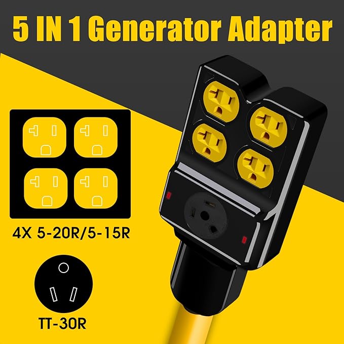 NEMA TT-30P to 4X 5-20R/5-15R&TT-30R Generator Adapter Extension Cord, 3 Prong 30 Amp to 110V,Twist Locking to 15 Amp/20 Amp Household Outlet, 125V 3750 Watts, ETL Listed (10FT)