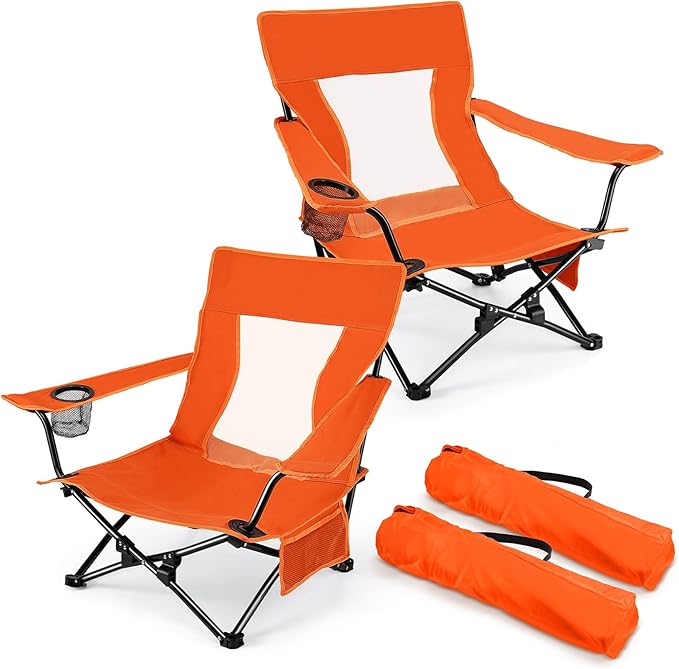Joyfair Beach Camping Chair (2 Pack), Outdoor Folding Chair for Adults, Heavy Duty Portable Chair for Outside Fishing, Lawn, Sport, Patio, Armrest Cup Holder & Storage Pocket, Carry Bag (Orange)