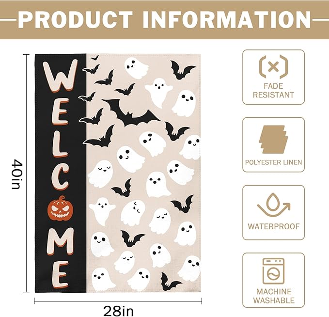 Halloween Welcome House Flag 28x40 Cute Ghost Bat Black Cream Holiday Theme Scary Halloween Decorative Garden Flags for Outside Double Sided Outdoor Home Farmhouse Decoration Yard Porch Decor