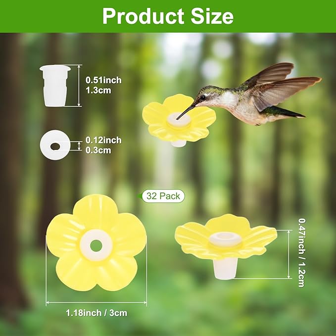 M METERXITY 32-Pack Hummingbird Feeder Replacement Flowers, Plastic Pet Hummingbird Feeding Parts Feeding Ports for Outdoor Hanging Feeders, Bees Guards [Yellow]