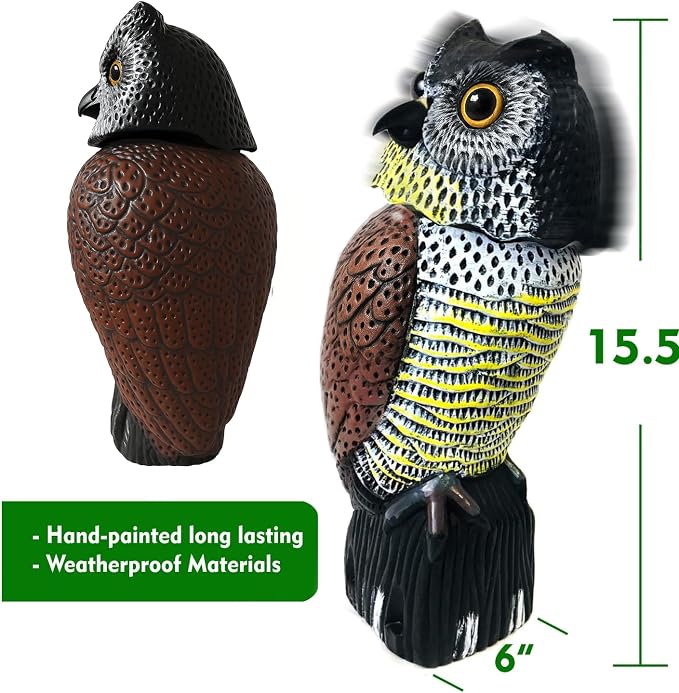 GiftExpress 16" Large Owl Decoy with Rotating Head – Realistic Garden Statue Bird & Squirrel Deterrent, Life-Size Predator Scarecrow for Outdoor Yard & Garden Protection