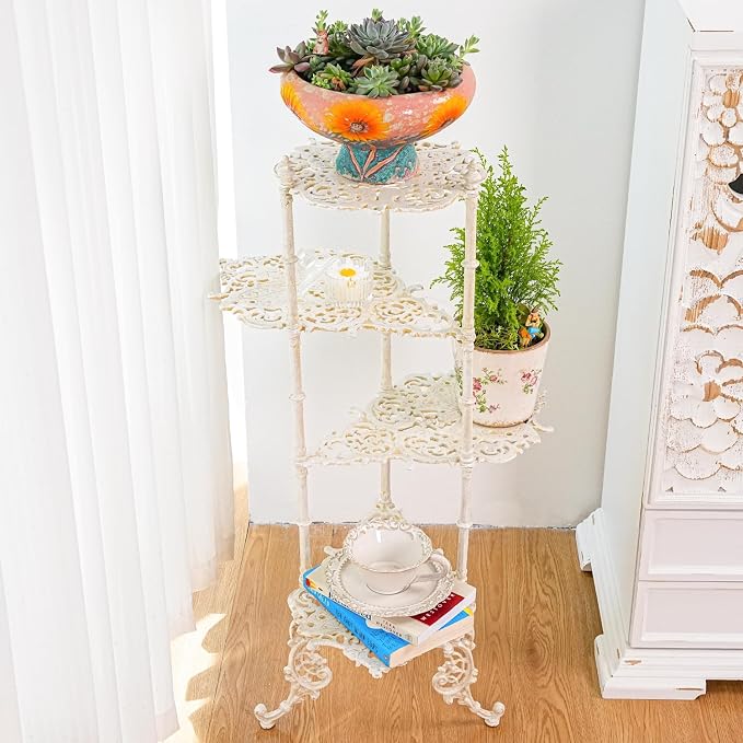Sungmor Vintage Cast Iron 4-Tier Plant Stand, Elegant Butterfly & Floral Design with Antique White Finish, 36 Inch Tall Rustic Flower Pot Holder, Heavy Duty Metal Display Stand for Indoor and Outdoor