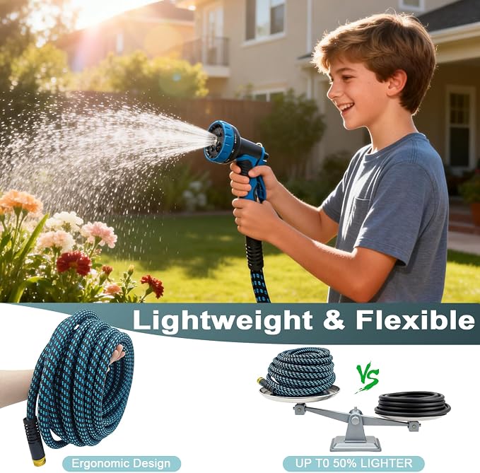 Garden Hose 50ft, Non-Expanding Water Hose Ultra Lightweight, Kink-Free Flexible Hose with 10-Pattern Nozzle, Durable & Abrasion Resistant Outdoor Hose for Yard, Lawn, Marine, RV, and Car Wash (50 FT)
