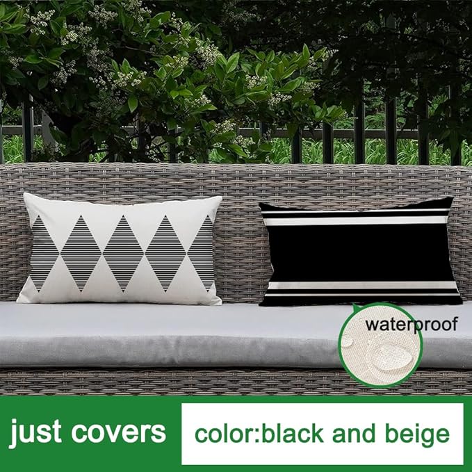 RABUSOFA Outdoor Pillows Covers 12x20 inch Waterproof,Black and Beige Boho Lumbar Throw Cushion Case Set of 4 for Patio Furniture for Couch Sunbrella(2W-12)