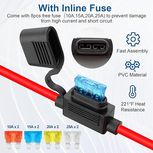 Linkstyle 2 Pcs 1FT 10AWG SAE Power Socket Sidewall Port to O-Ring Connector, Waterproof SAE Extension Cable with 10A 15A 20A 25A Fuses, for Solar Generator Battery Charger RV Motorcycle