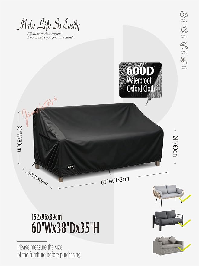 JinHrtoyi 2-Seater Patio Loveseat Cover, 60Wx38Dx35H inches Outdoor Furniture Covers Waterproof,100% Waterproof Heavy Duty Patio Furniture Covers,Black Minimalism Style Outdoor Sofa Cover