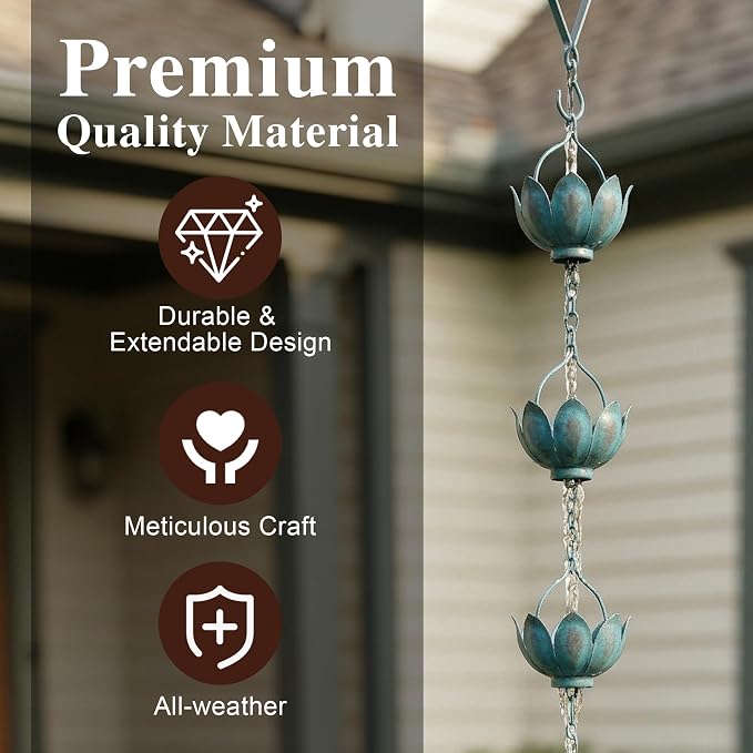 Topadorn Lotus Rain Chain for Gutters, 8.5 FT Decorative Metal Rain Chain with 12 Lotus Cups, Turquoise Patina Downspout Alternative for Garden Patio Yard Decor