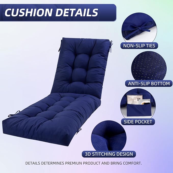 Patio Chaise Lounge Cushions, 68"x21"x4.5" Waterproof Replacement Beach Pool Lawn Outdoor Lounge Chair Cushion with Pocket, Non-Slip Bottom & Secure Ties for Outdoor Furniture, Dark Blue