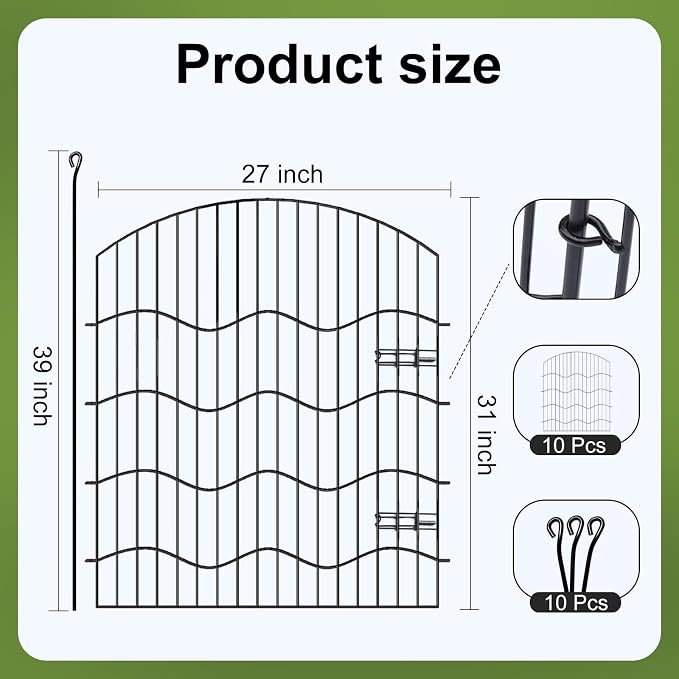 10-Panel No Dig Garden Fence, 31in(H) x24ft(L) Black Metal Animal Barrier, Dog Fence Outdoor for Yard, Temporary Decorative Fencing Border for Rabbits, Patio