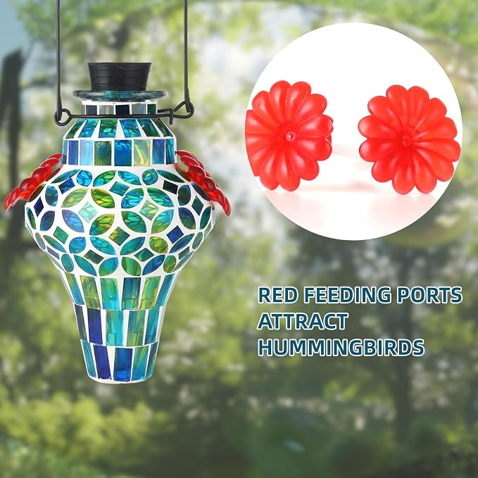 VOREEN Mosaic Glass Hummingbird Feeders for Outdoors Hanging, Hand Blown Hummingbird Feeders, Porch Garden Backyard Decor, Decorative Gift for Mom Wife Friend, 2pcs, Blue and Purple