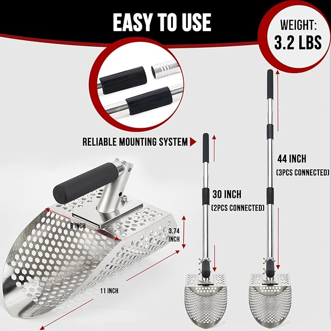 Sand Scoop for Metal Detecting, Stainless Steel Metal Detector Scoop with Long Steel Handle, Sand Sifter for the Beach, Metal Detector Accessories, Metal Detecting Shovel, Sand Flea Rake for Beach