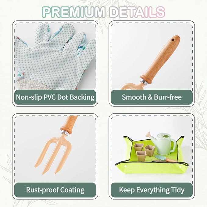 Kids Gardening Set Toys, Garden Tool for Kid with Tote Bag, Repotting Mat, Trowel, Shovel, Fork, Rake, Watering Can and Gloves, Montessori Toy for Kids, Outdoor Toys Gift for Toddlers Boys Girls