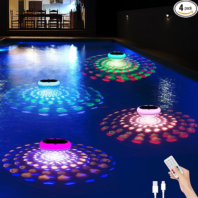BOXPSII Solar Floating Pool Lights(4 PCS), USB Rechargeable Pool Lights, 2600mAh 6.7" IP68 Waterproof Pool Lights that Float with Remote, RGB 13 Colors Upper and Lower Glow Hangable Floating Light